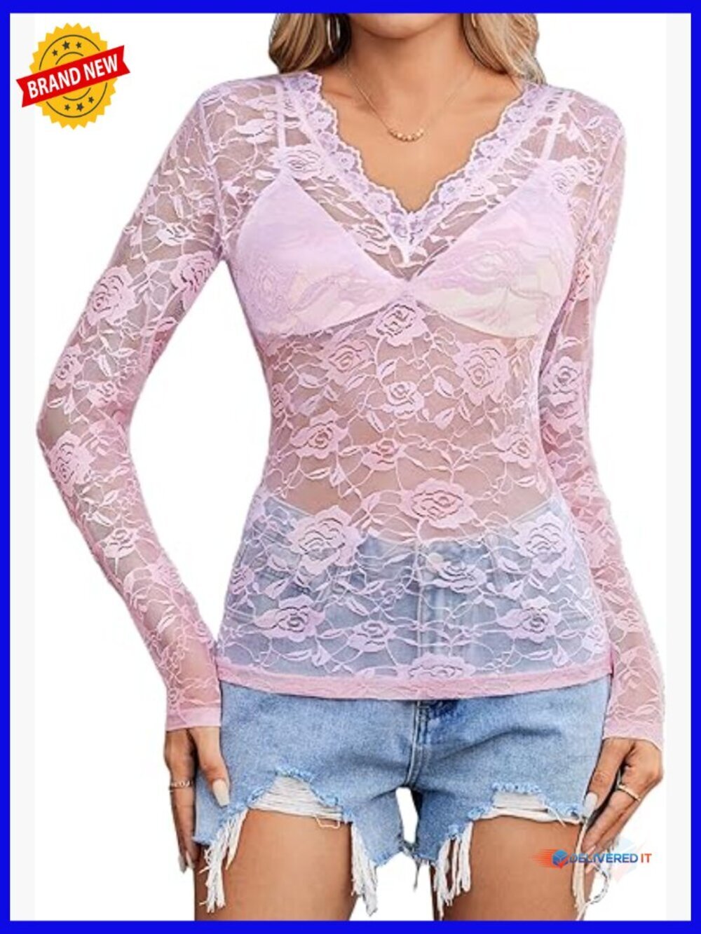 Sheer Mesh Long Sleeve V-Neck Lace Blouse Floral Tee S-XXL